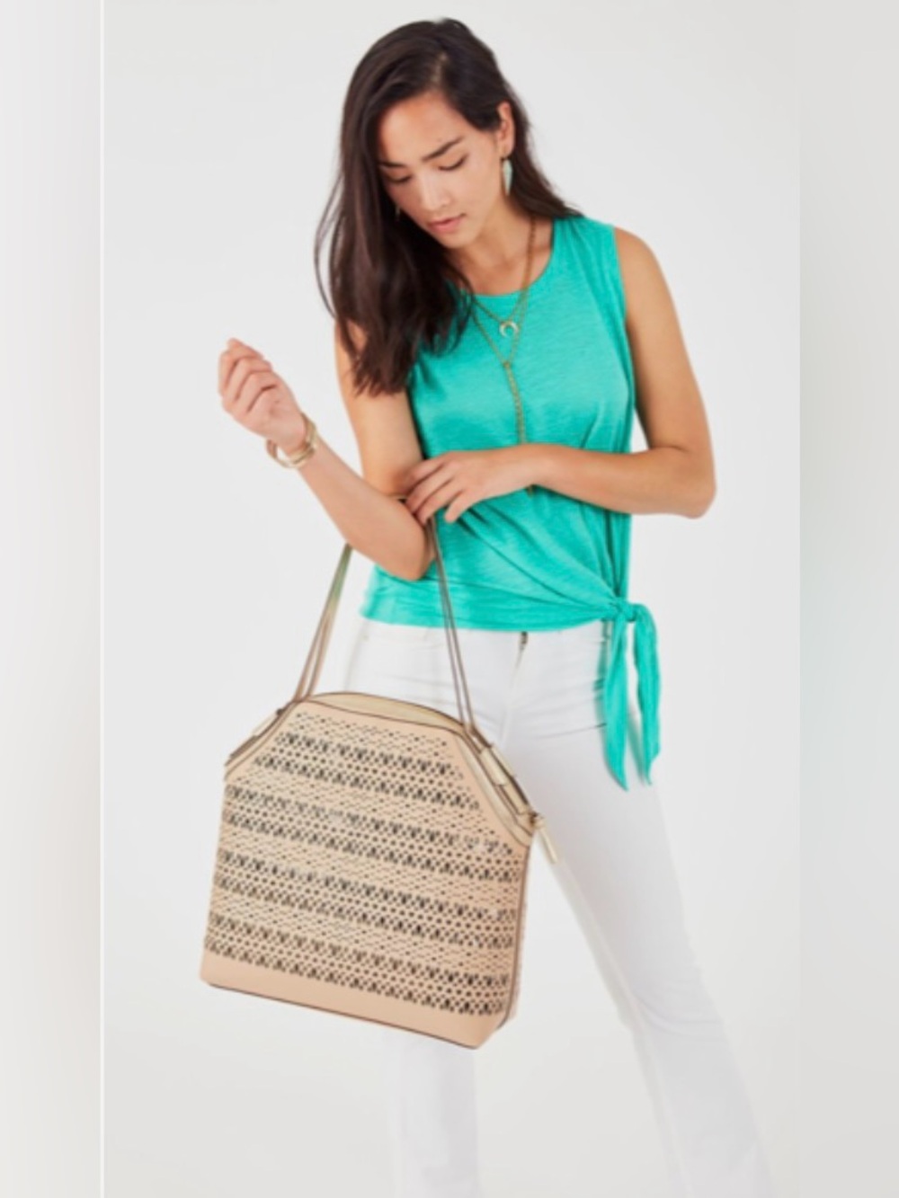 Stella & Dot Avalon Beige Laser-Cut Tote Bag with Metallic Trim Large Satchel